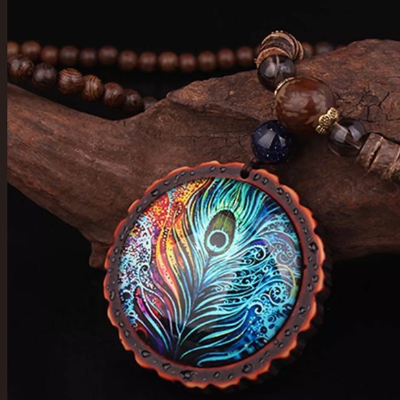Jewelry - Bohemian wood bead vintage rainbow pendant feather peacock necklace festival
